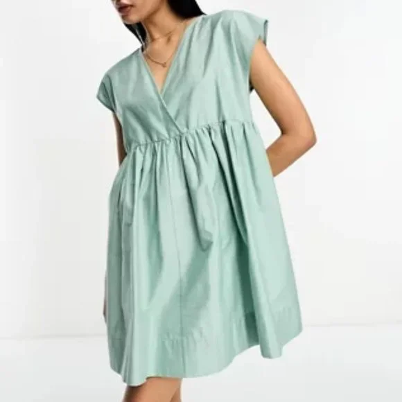 ASOS Design cotton v neck mini smock dress in seafoam green-Orange
